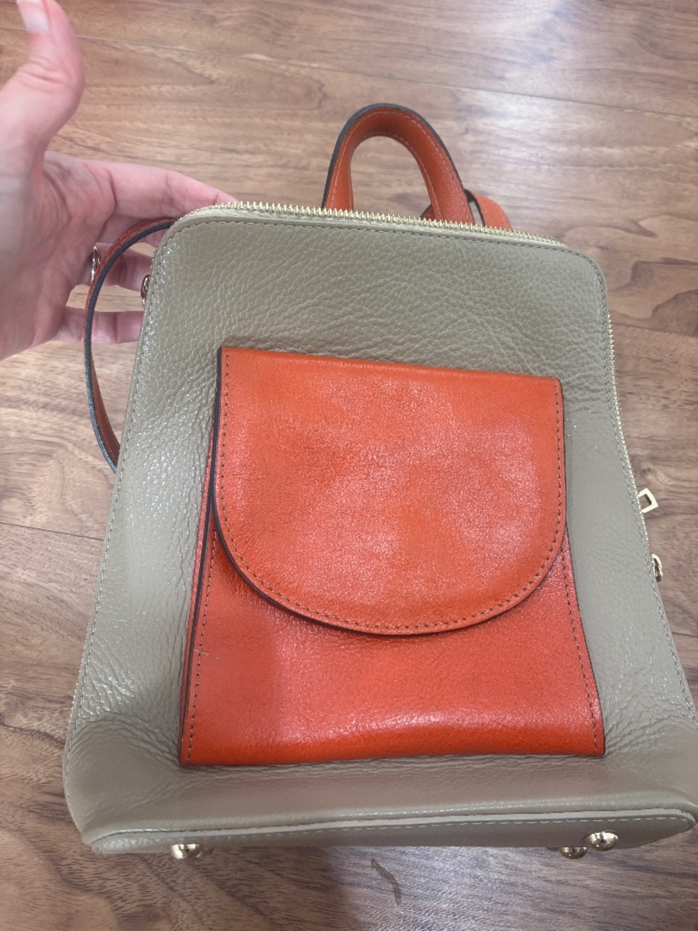 Divina Firenze Italian Leather Backpack Taupe Pebbled Orange Trim Designer Bag